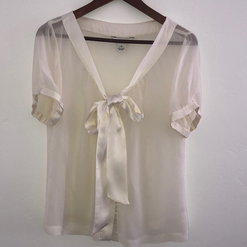 White House Black Market Ivory Sheer Tie-Neck Blouse